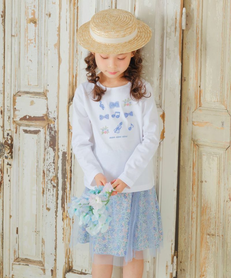 綿100％ 音符 ＆ 花 刺繍 リボン 付き Tシャツ｜ベビー・子供服 通販