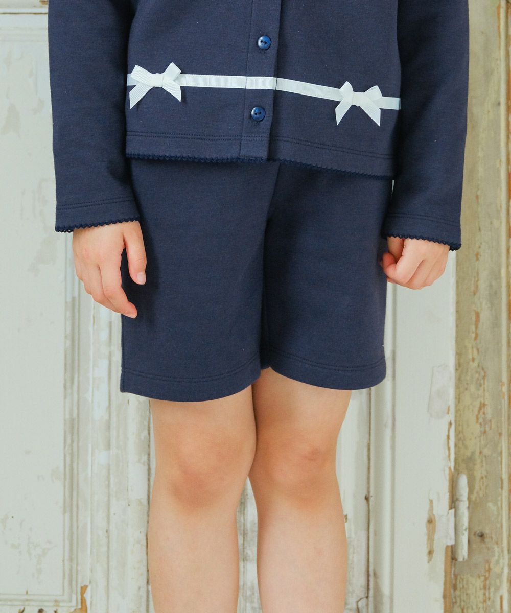 ベビー服 女の子 ダブルニット 無地 ポケット ゴム 半ズボン キッズ 楽ちん 通学 ネイビー(06) モデル画像1