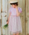 子供服 女の子 綿100％ オリジナル花柄 リボン チュール ドッキングワンピース パープル(91) モデル画像2