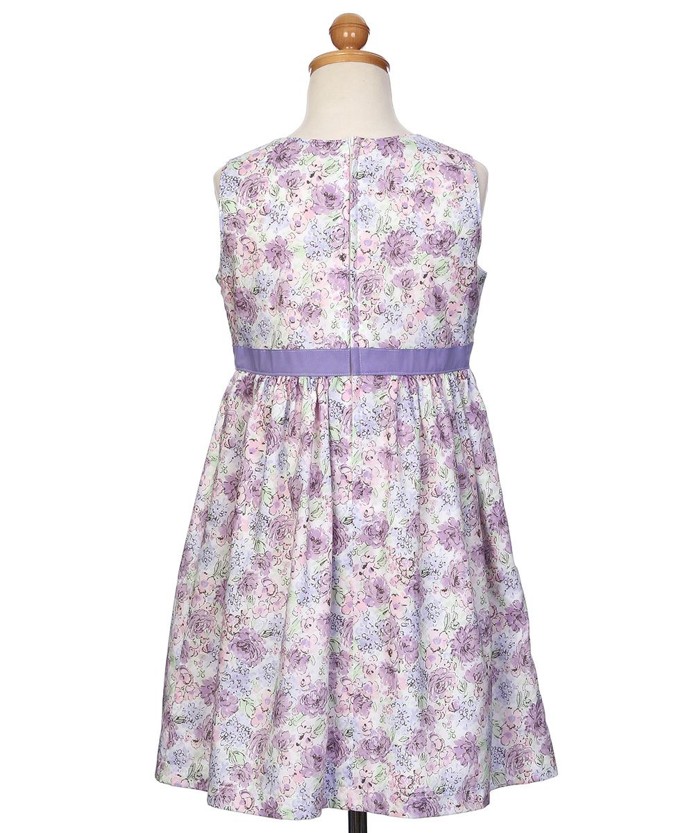 子供服 女の子 綿100％ 花柄 リボン 取り外しOK ギャザー ワンピース パープル(91) トルソー背面