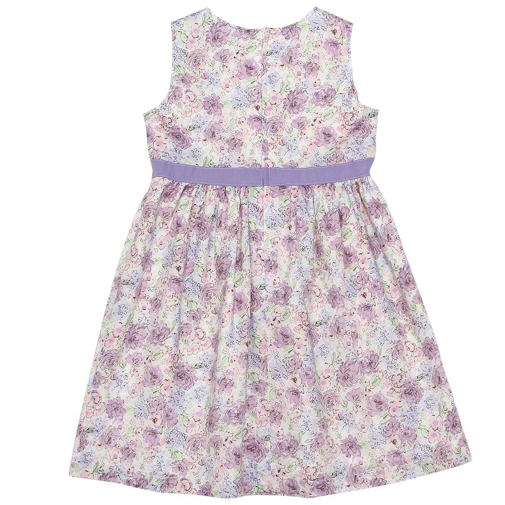 子供服 女の子 綿100％ 花柄 リボン 取り外しOK ギャザー ワンピース パープル(91) 背面