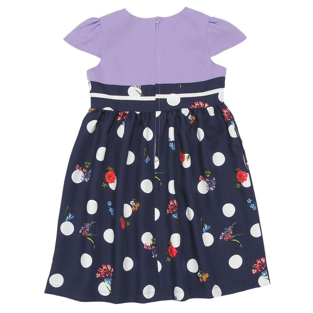 子供服 女の子 花柄 リボン ギャザー ワンピース ネイビー(06) 背面