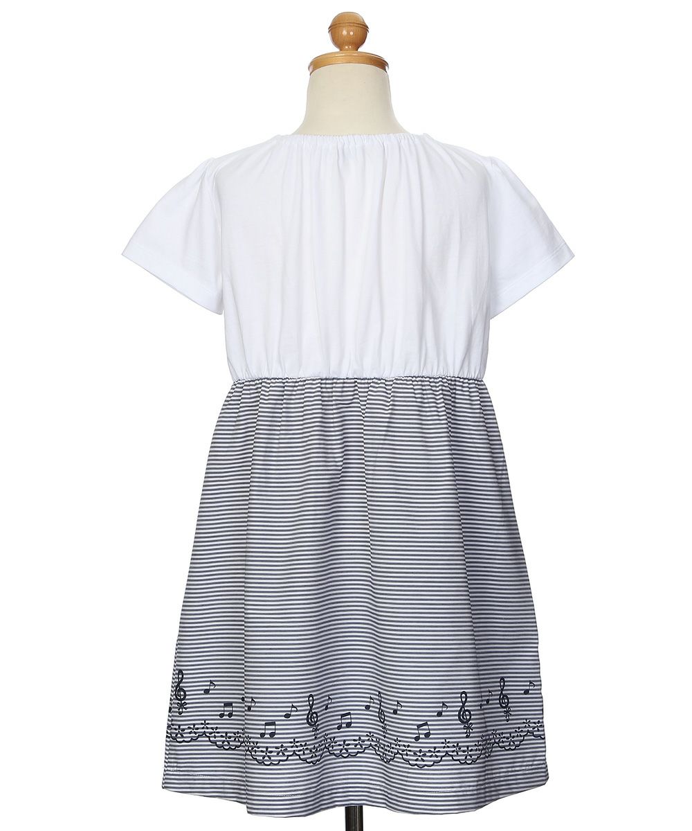 ベビー服 女の子 襟付き 音符 プリント リボン ドッキングワンピース ネイビー(06) トルソー背面