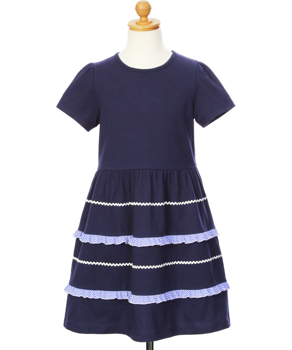 ベビー服 女の子 綿100％ フリル付き ギャザー ワンピース ネイビー(06) トルソー正面