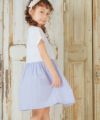 子供服 女の子 袖 レース 切り替え ストライプ柄 ドッキングワンピース ブルー(61) モデル画像2
