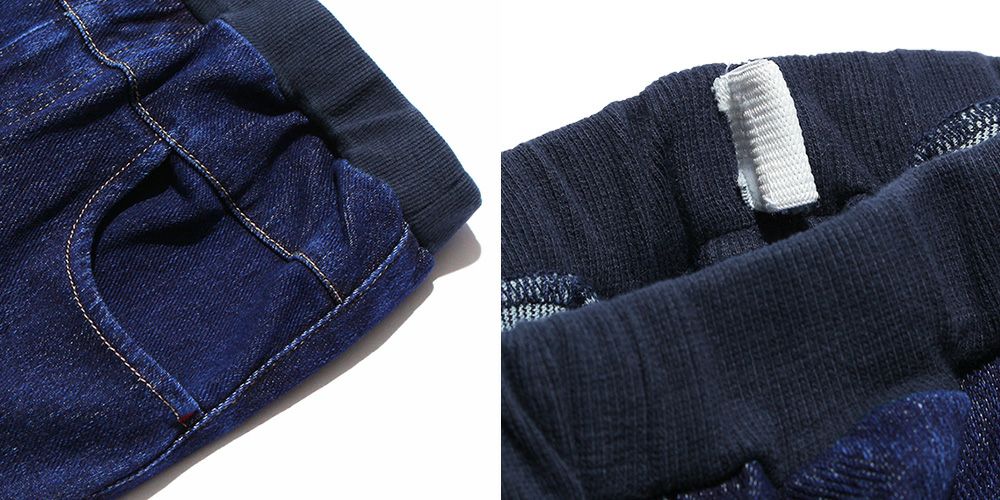 ベビー服 男の子 男女兼用ウォッシュ加工デニムニットフルレングスパンツ ネイビー(06) デザインポイント2