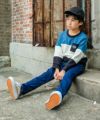 ベビー服 男の子 男女兼用ウォッシュ加工デニムニットフルレングスパンツ ネイビー(06) モデル画像全身