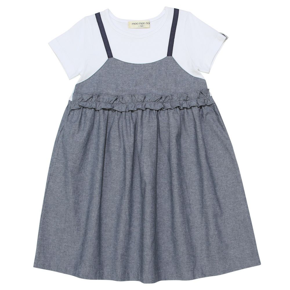子供服 女の子 綿100％ ギャザー ＆ フリル ドッキングワンピース ネイビー(06) 正面