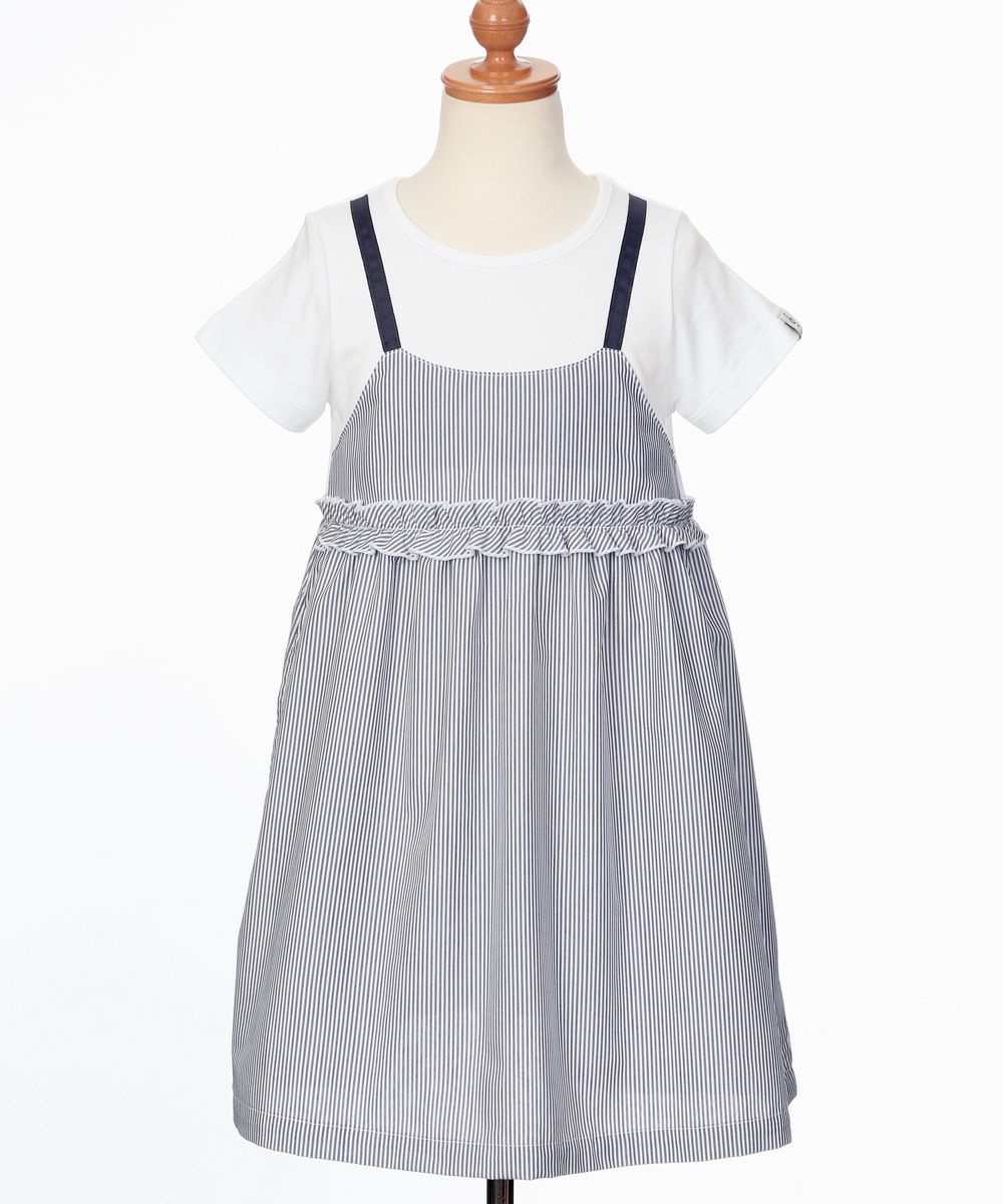 子供服 女の子 綿100％ ギャザー ＆ フリル ドッキングワンピース ブルー(61) トルソー正面