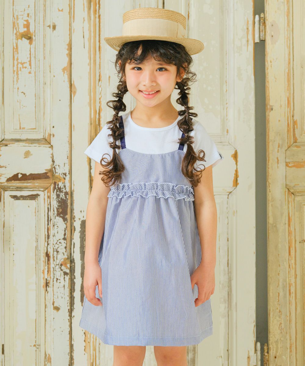 子供服 女の子 綿100％ ギャザー ＆ フリル ドッキングワンピース ブルー(61)  モデル画像全身