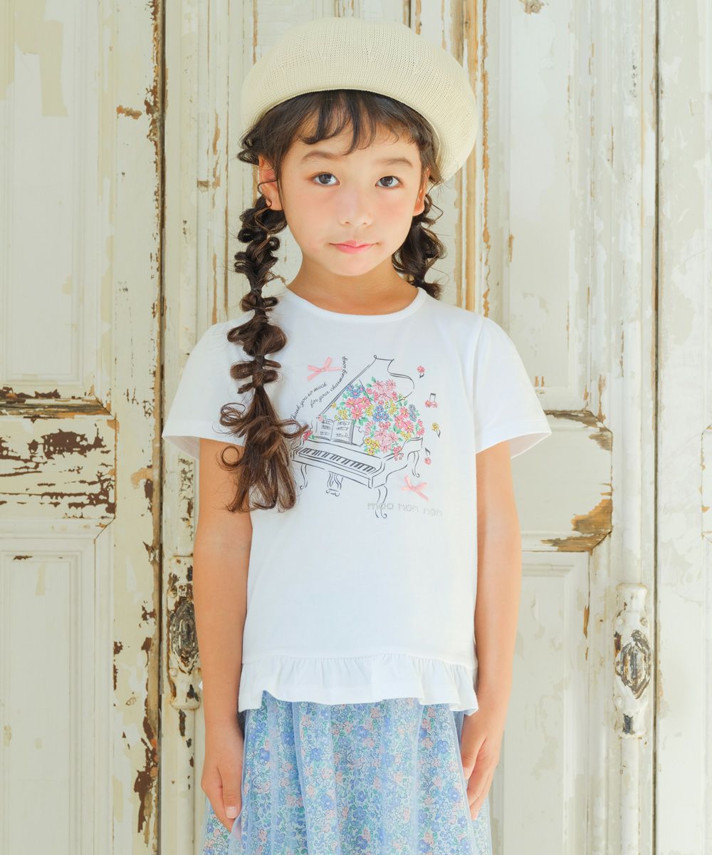 ベビー服 女の子 綿100％ お花 ピアノ 音符 プリント フリル Tシャツ オフホワイト(11) モデル画像1