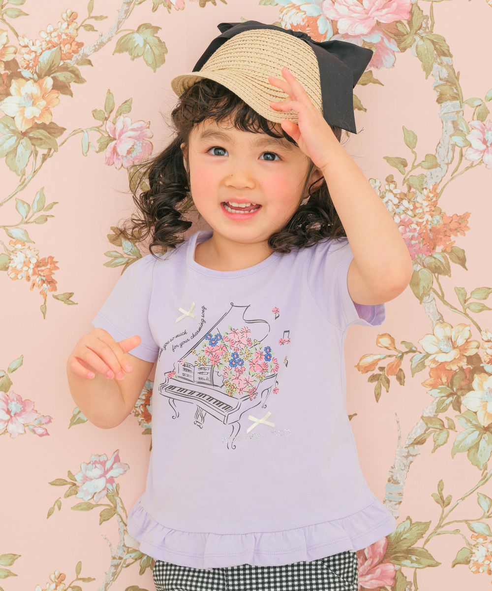 ベビー服 女の子 綿100％ お花 ピアノ 音符 プリント フリル Tシャツ パープル(91) モデル画像全身
