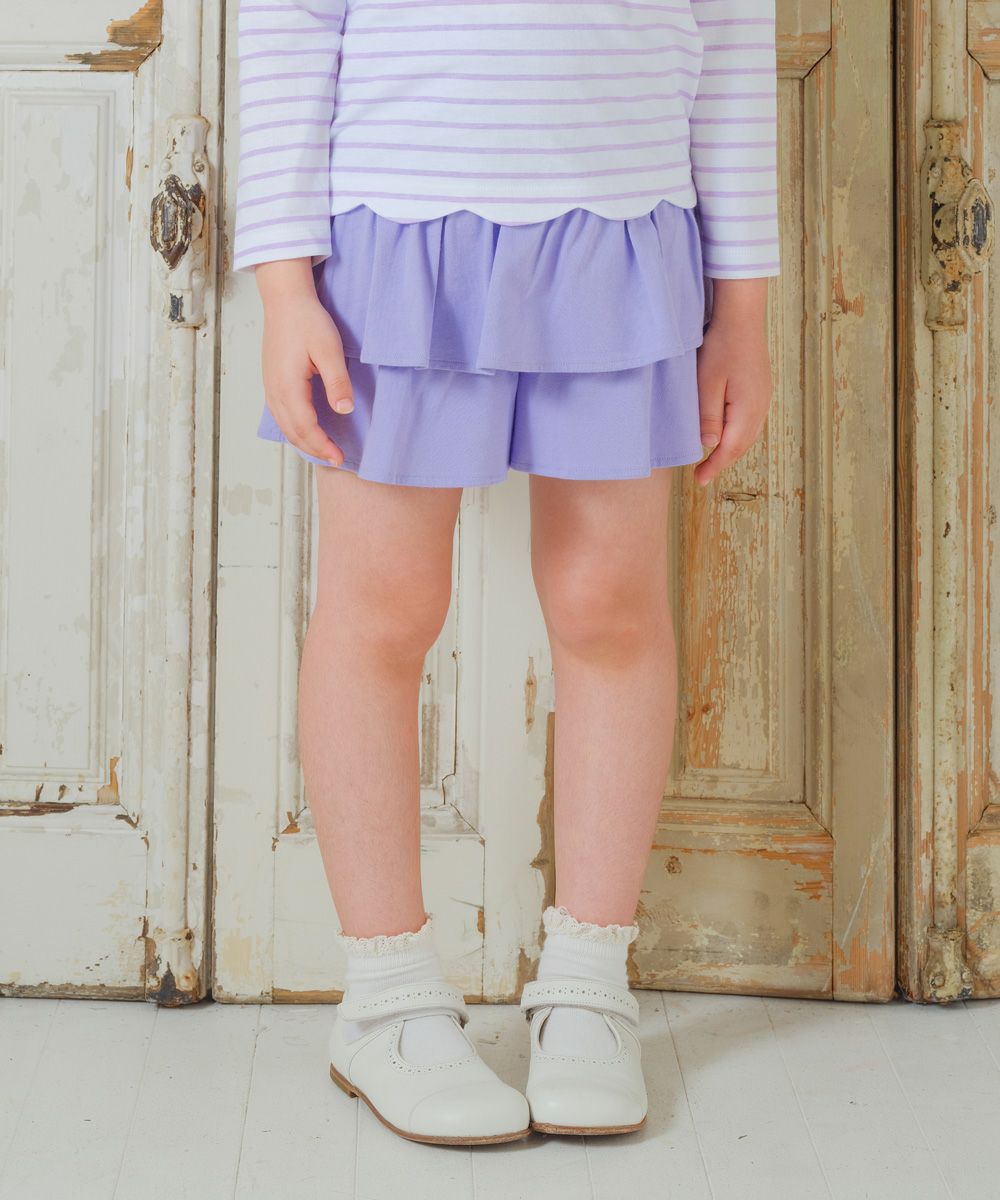 ベビー服 女の子 綿100％ ウエストゴム フリル 無地 キュロット パープル(91) モデル画像全身