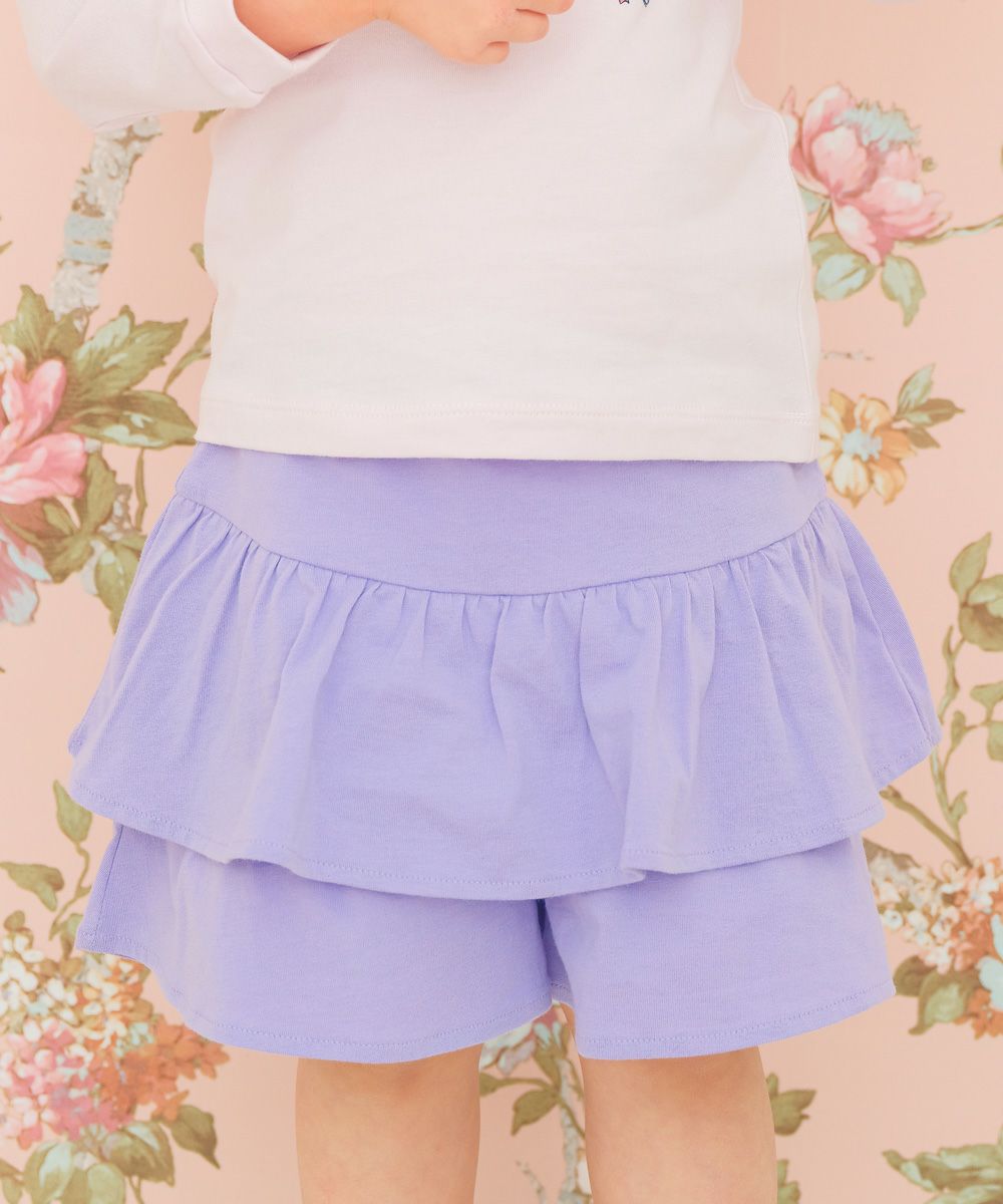 ベビー服 女の子 綿100％ ウエストゴム フリル 無地 キュロット パープル(91) モデル画像1