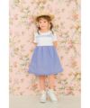 子供服 女の子 リボン レース 刺繍 ストライプ柄 ドッキングワンピース ブルー(61) モデル画像アップ