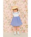 子供服 女の子 リボン レース 刺繍 ストライプ柄 ドッキングワンピース ブルー(61) モデル画像1