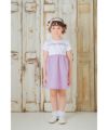 子供服 女の子 リボン レース 刺繍 ストライプ柄 ドッキングワンピース パープル(91) モデル画像全身