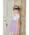 子供服 女の子 リボン レース 刺繍 ストライプ柄 ドッキングワンピース パープル(91) モデル画像1