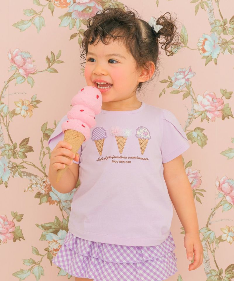 ベビー服 女の子 綿100％ チューリップ袖 刺繍 ロゴ 花 アイスクリーム Tシャツ