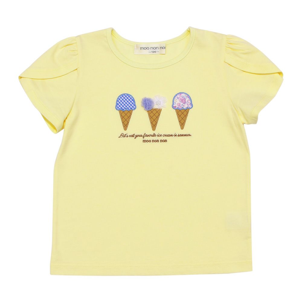 ベビー服 女の子 綿100％ チューリップ袖 刺繍 ロゴ 花 アイスクリーム Tシャツ イエロー(04) 正面