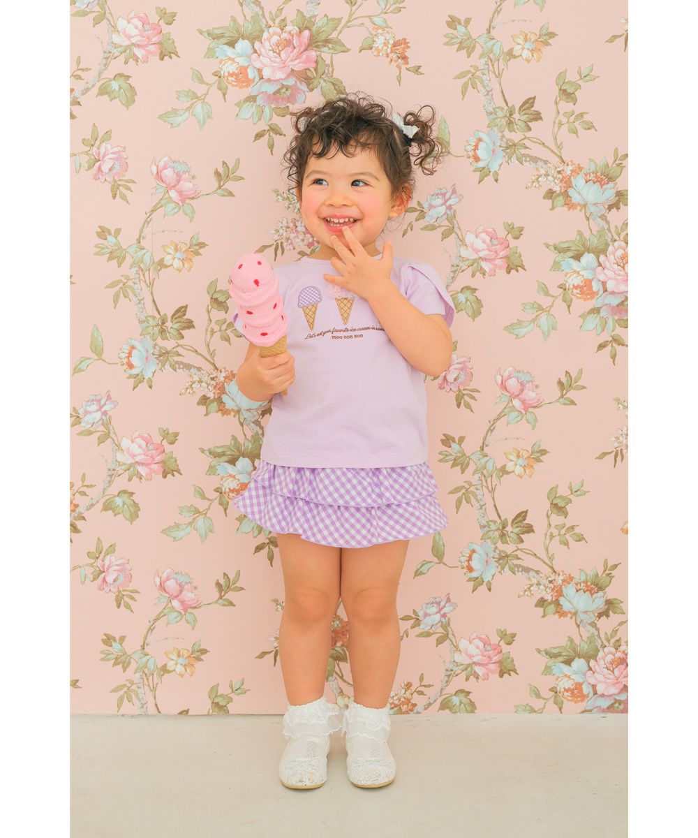 ベビー服 女の子 綿100％ チューリップ袖 刺繍 ロゴ 花 アイスクリーム Tシャツ パープル(91) モデル画像2