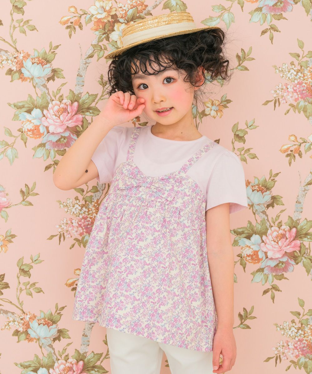 ベビー服 女の子 綿100％ オリジナル 花柄 プリント リボン 重ね着風 Aライン Tシャツ