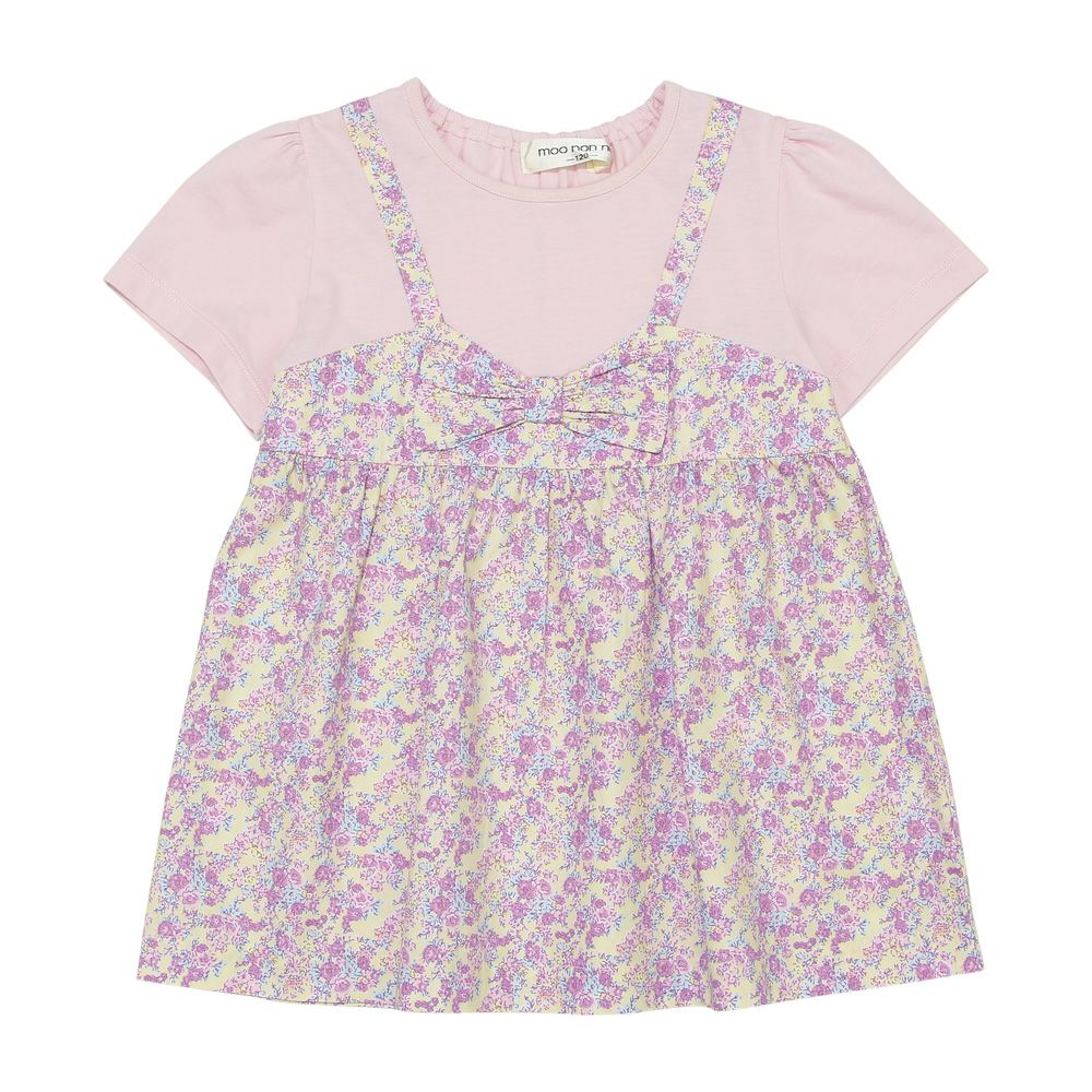 ベビー服 女の子 綿100％ オリジナル 花柄 プリント リボン 重ね着風 Aライン Tシャツ ピンク(02) 正面