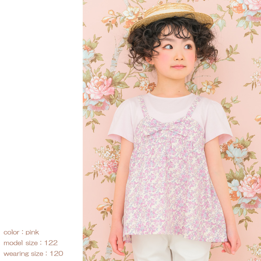 ベビー服 女の子 綿100％ オリジナル 花柄 プリント リボン 重ね着風 Aライン Tシャツ ピンク(02) 背面