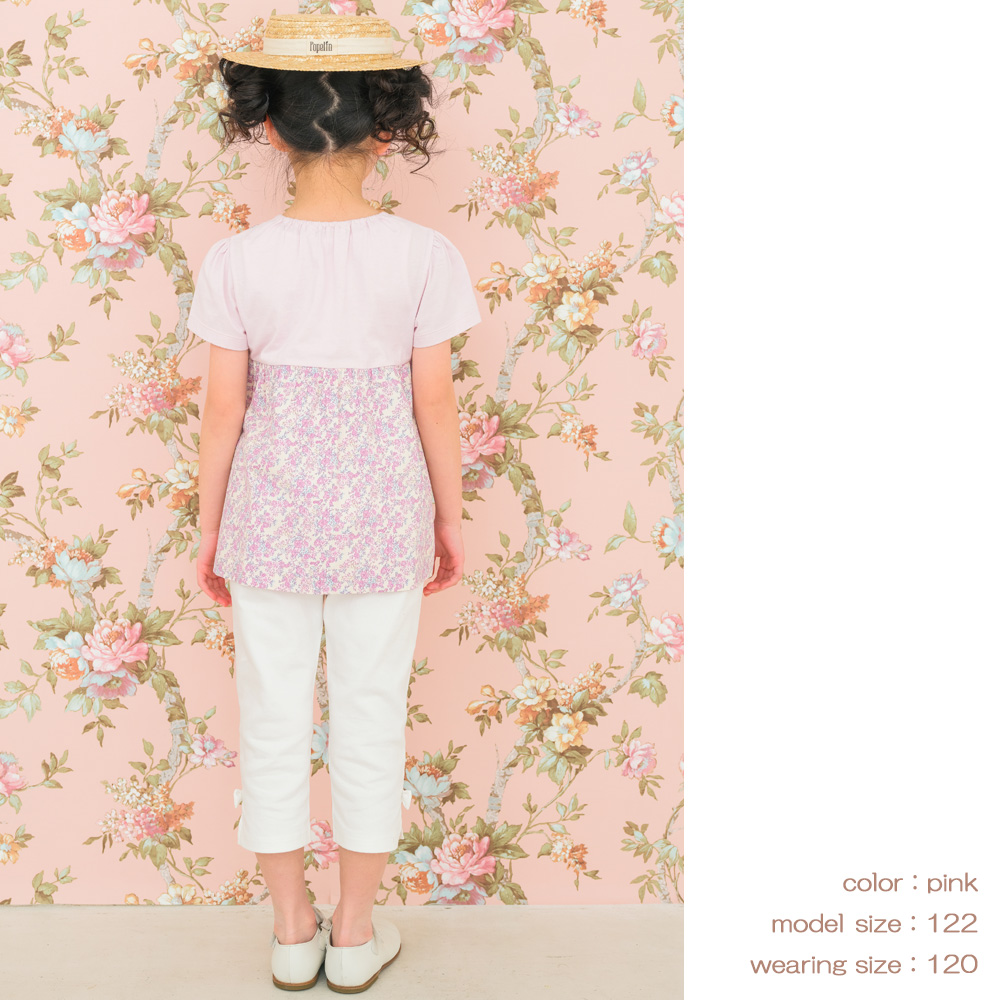 ベビー服 女の子 綿100％ オリジナル 花柄 プリント リボン 重ね着風 Aライン Tシャツ ピンク(02) デザインポイント1