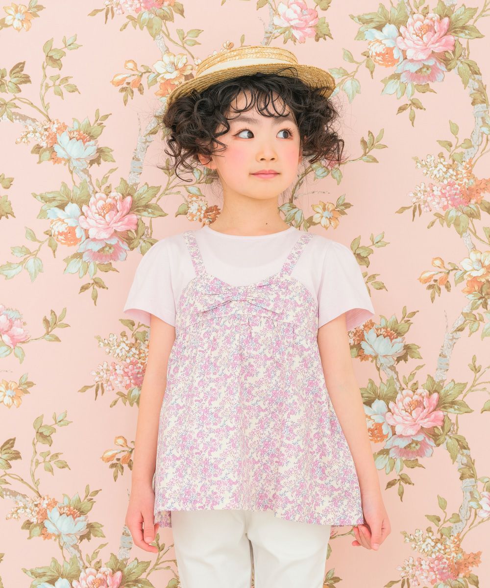 ベビー服 女の子 綿100％ オリジナル 花柄 プリント リボン 重ね着風 Aライン Tシャツ ピンク(02) モデル画像全身