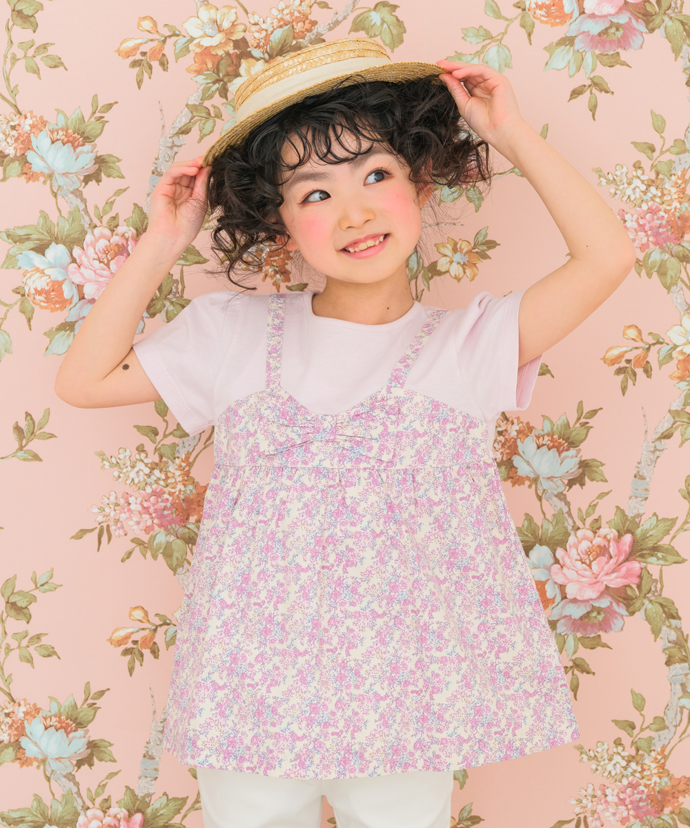 ベビー服 女の子 綿100％ オリジナル 花柄 プリント リボン 重ね着風 Aライン Tシャツ ピンク(02) モデル画像全身