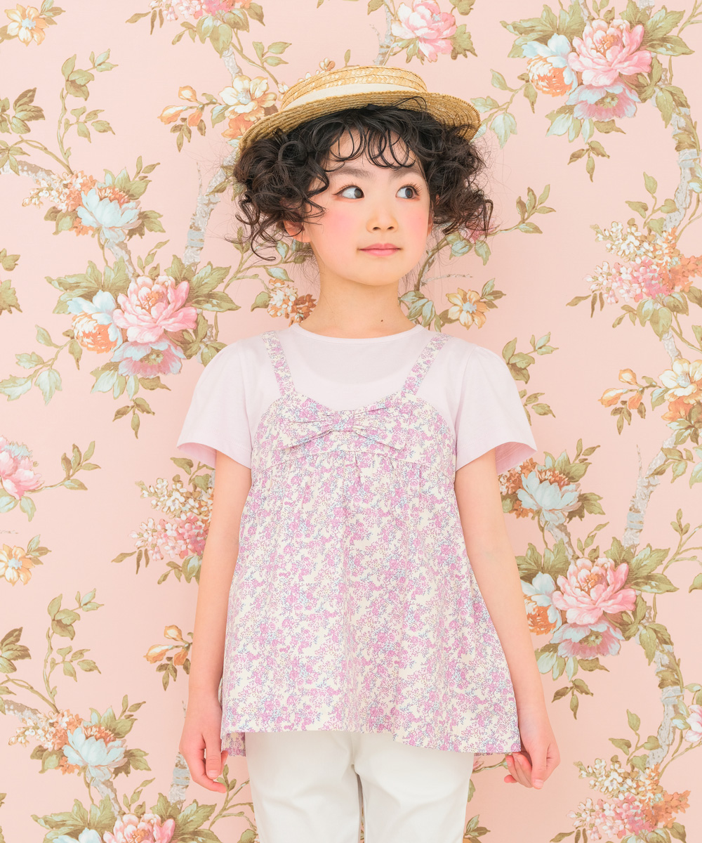 ベビー服 女の子 綿100％ オリジナル 花柄 プリント リボン 重ね着風 Aライン Tシャツ ピンク(02) モデル画像1