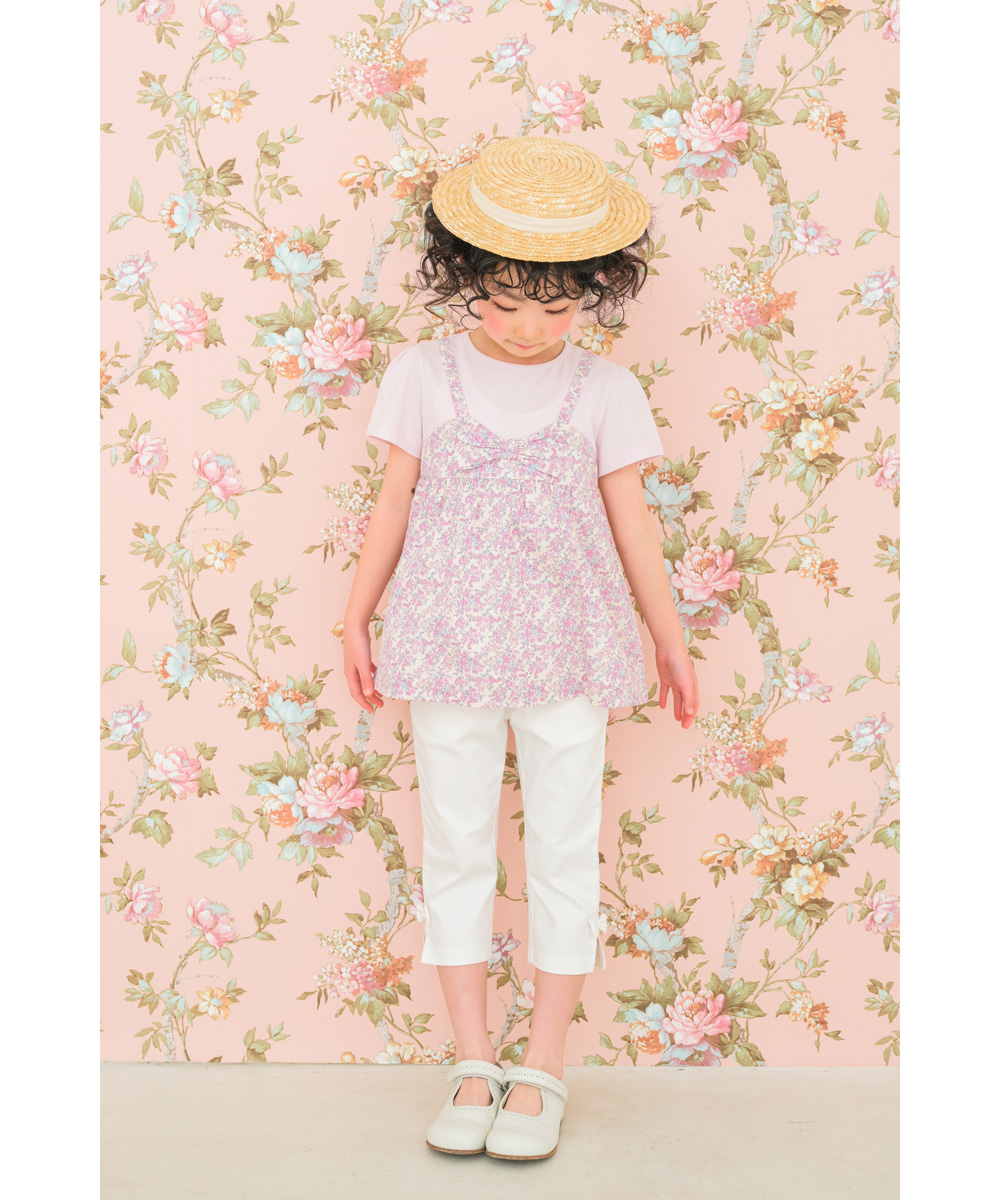 ベビー服 女の子 綿100％ オリジナル 花柄 プリント リボン 重ね着風 Aライン Tシャツ ピンク(02) モデル画像2