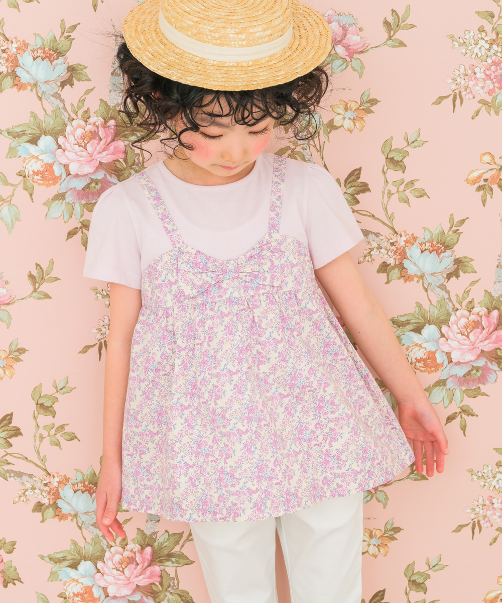 ベビー服 女の子 綿100％ オリジナル 花柄 プリント リボン 重ね着風 Aライン Tシャツ ピンク(02) モデル画像3