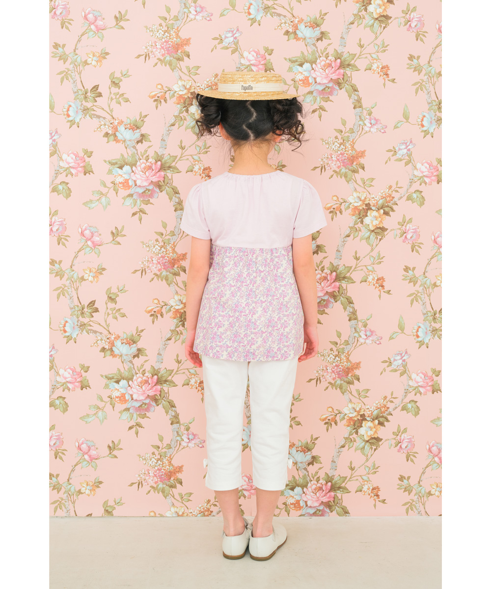 ベビー服 女の子 綿100％ オリジナル 花柄 プリント リボン 重ね着風 Aライン Tシャツ ピンク(02) モデル画像4