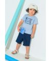 ベビー服 男の子 乗り物 プリント ＆ ワッペン ロゴ 綿100％ Tシャツ ブルー(61) モデル画像全身