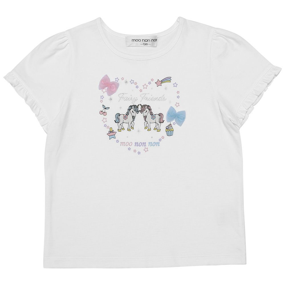 ベビー服 女の子 綿100％ ユニコーンプリント リボン Tシャツ オフホワイト(11) 正面