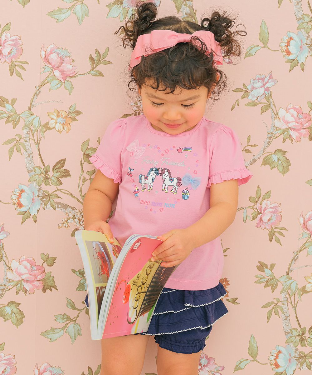 ベビー服 女の子 綿100％ ユニコーンプリント リボン Tシャツ ショッキングピンク(21) モデル画像アップ
