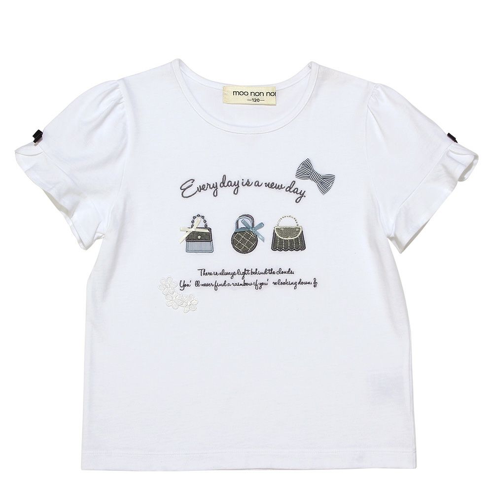 ベビー服 女の子 綿100％ バッグ刺繍 リボン 花モチーフ Tシャツ オフホワイト(11) 正面
