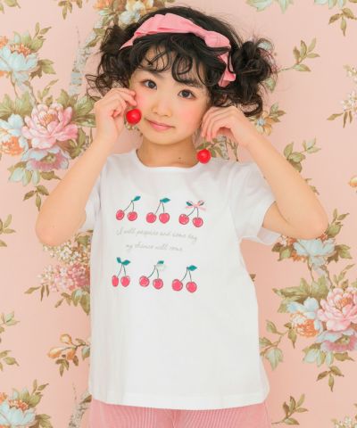 子供服 女の子 綿100％ リボン さくらんぼ ロゴ プリント Tシャツ