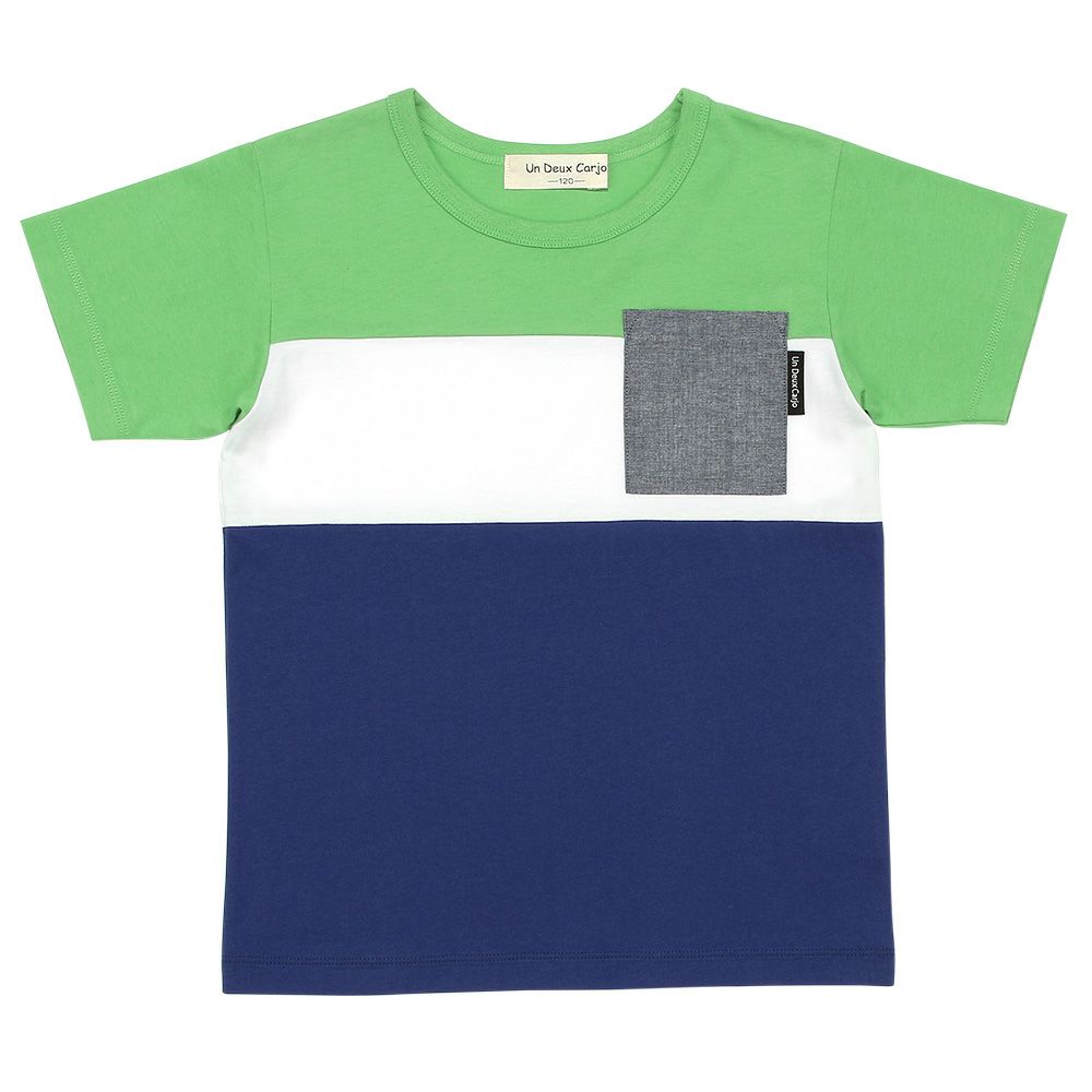 ベビー服 男の子 綿100％ポケット ワッペンつき Tシャツ グリーン(08) 正面