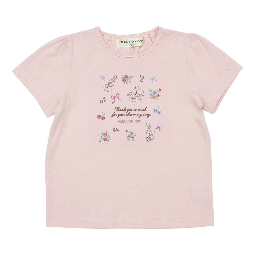 ベビー服 女の子 綿100％ 音楽会 ＆ リボン お花 刺繍 Tシャツ ピンク(02) 正面