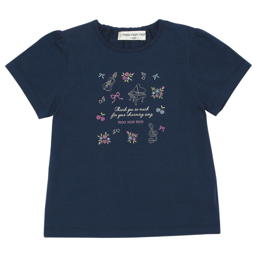 ベビー服 女の子 綿100％ 音楽会 ＆ リボン お花 刺繍 Tシャツ ネイビー(06) 正面