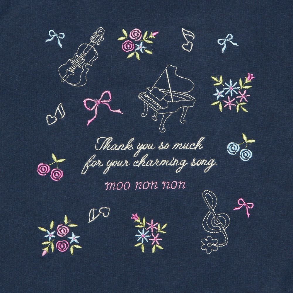 ベビー服 女の子 綿100％ 音楽会 ＆ リボン お花 刺繍 Tシャツ ネイビー(06) デザインポイント1