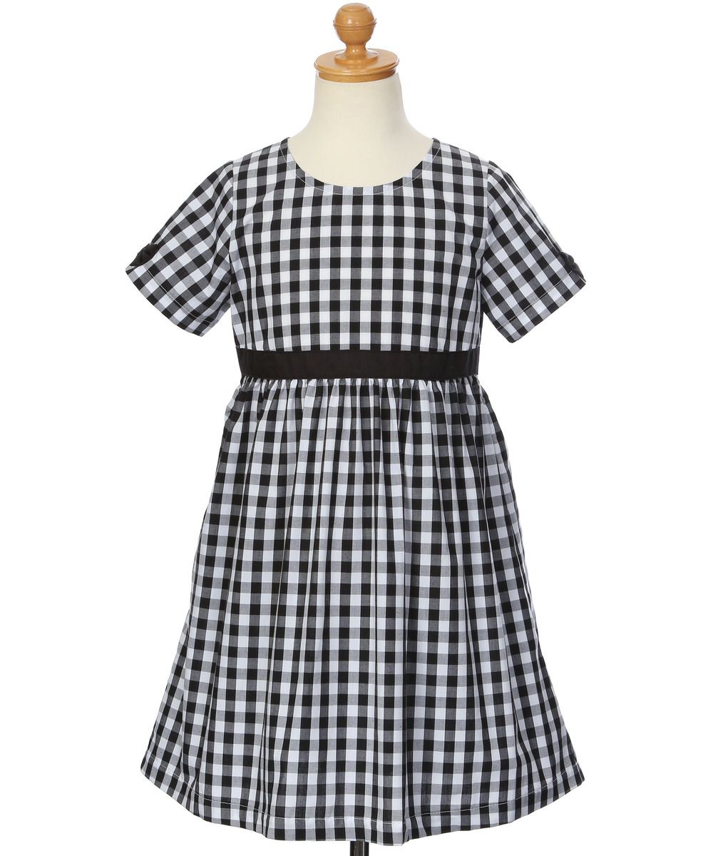 子供服 女の子 リボン ＆ ギンガムチェック ワンピース ホワイト×ブラック(10) トルソー正面