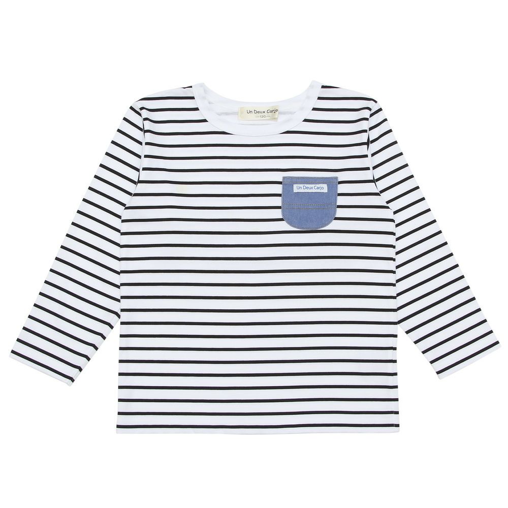 ベビー服 男の子 綿100％ デニム ポケット ボーダー Tシャツ ブラック(00) 正面