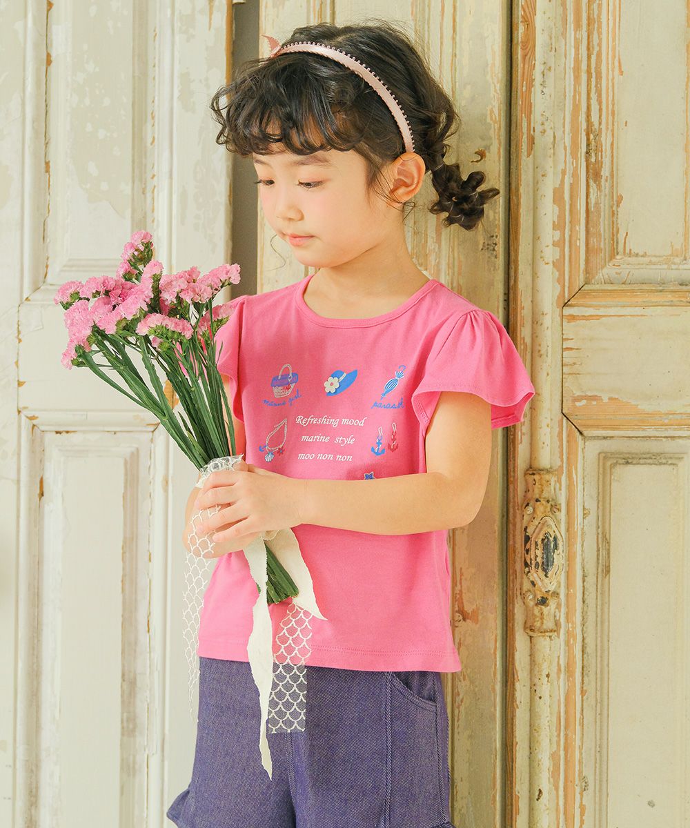 子供服 女の子 綿100％ マリン ラメ ロゴ プリント Tシャツ ピンク(02) モデル画像2