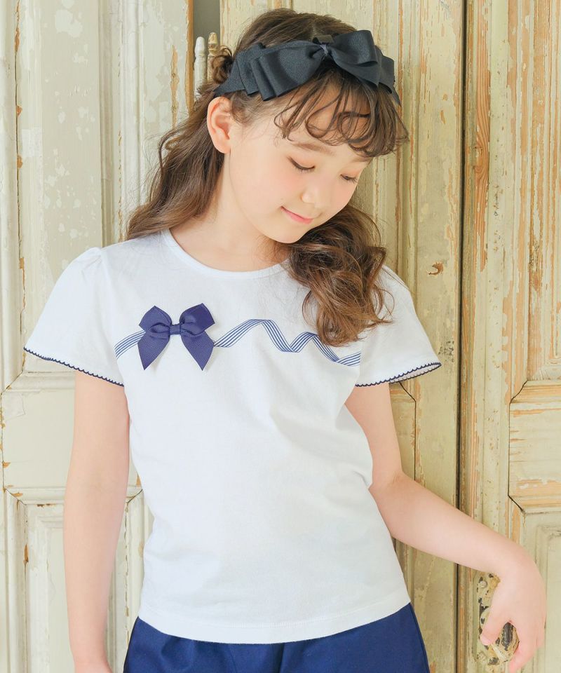 子供服 女の子 綿100％ リボンつき レース プリント Tシャツ