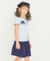 子供服 女の子 綿100％ リボンつき レース プリント Tシャツ ブルー(61) モデル画像全身