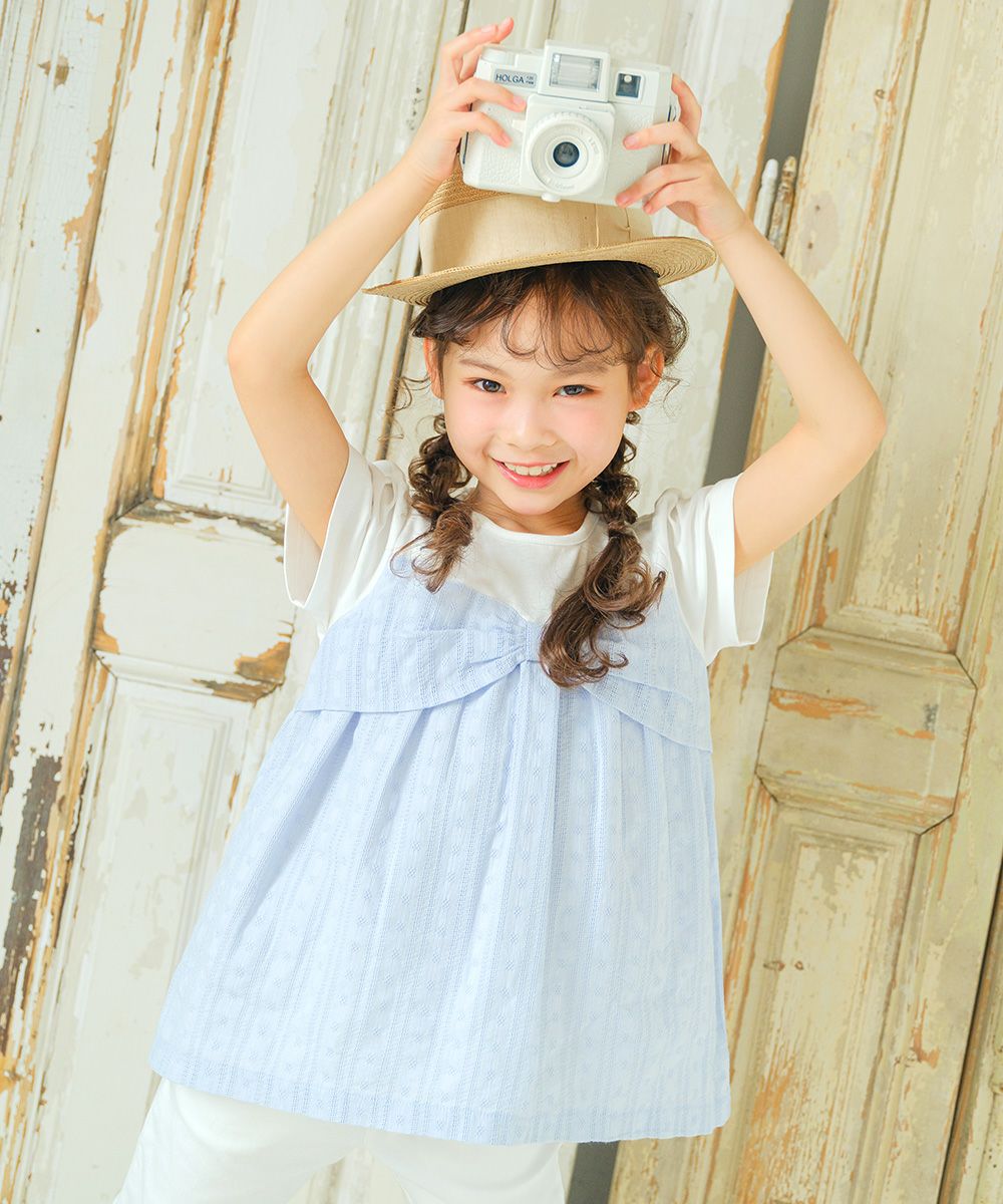 子供服 女の子 リボンつき ドビー織り ストライプ模様 重ね着風 Tシャツ